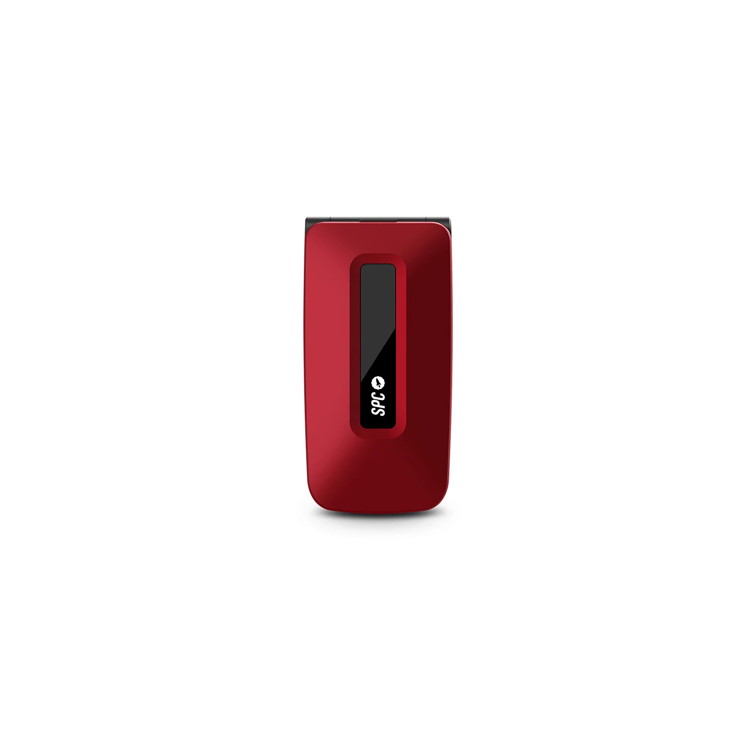 Un teléfono plegable rojo cerrado con pantalla negra y logo SPC.