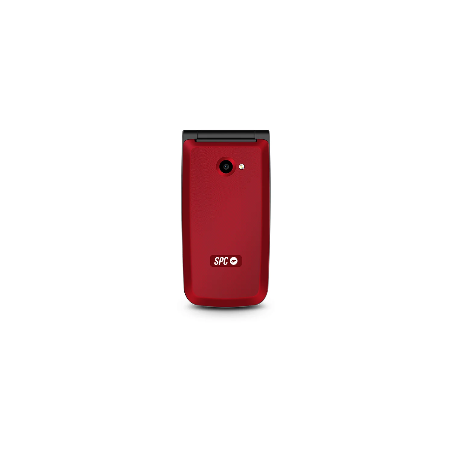 Teléfono plegable rojo con cámara y flash. Logo SPC abajo.