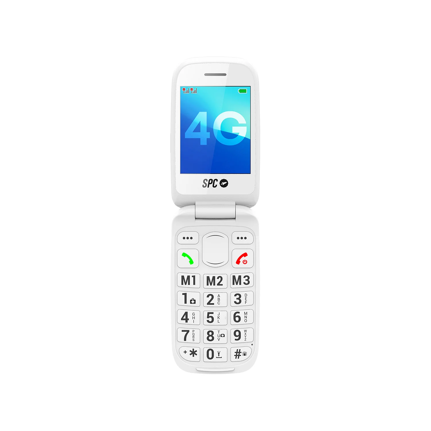 Un teléfono plegable blanco con teclado grande y pantalla 4G.