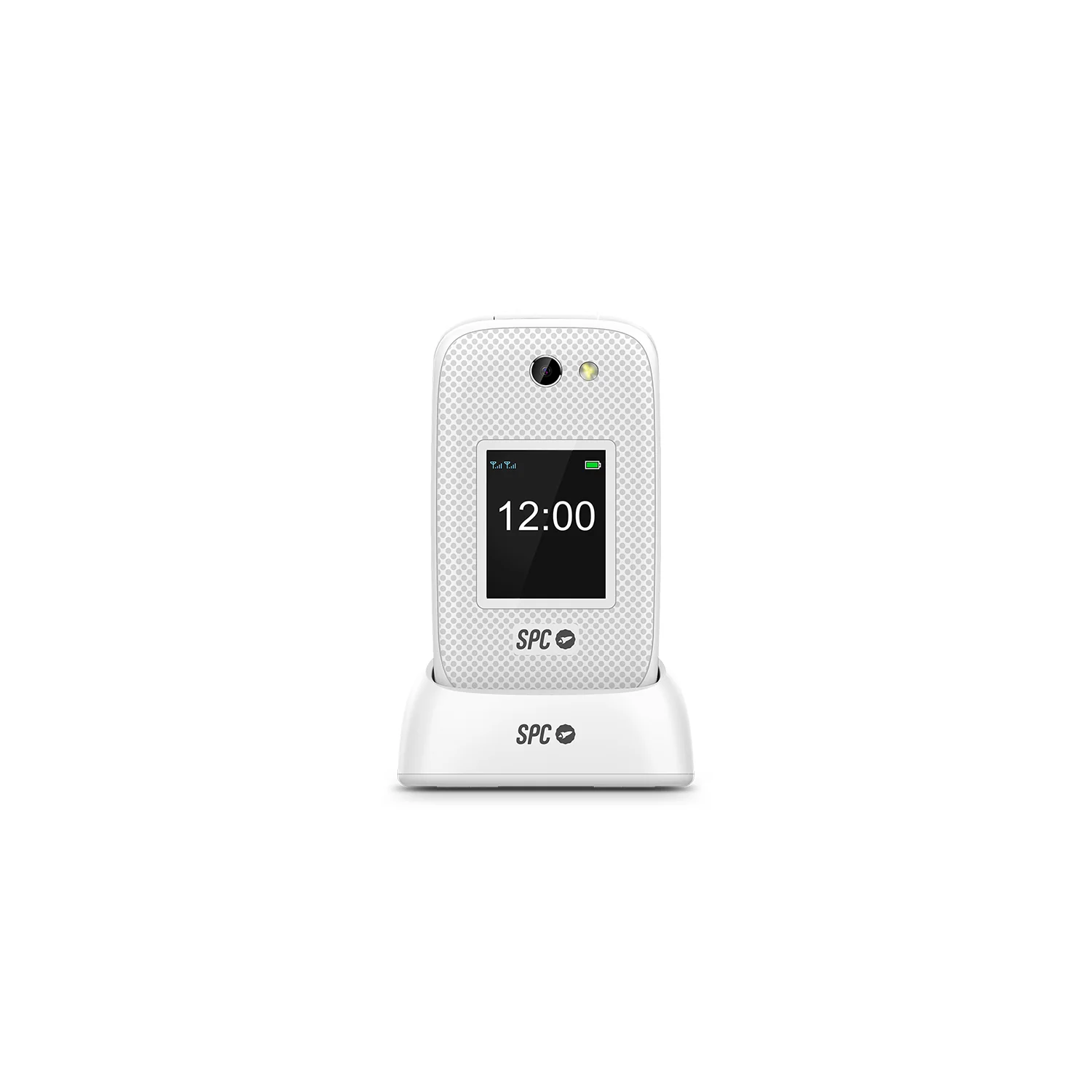 Un teléfono plegable blanco con pantalla que muestra las 12:00 está en una base de carga.