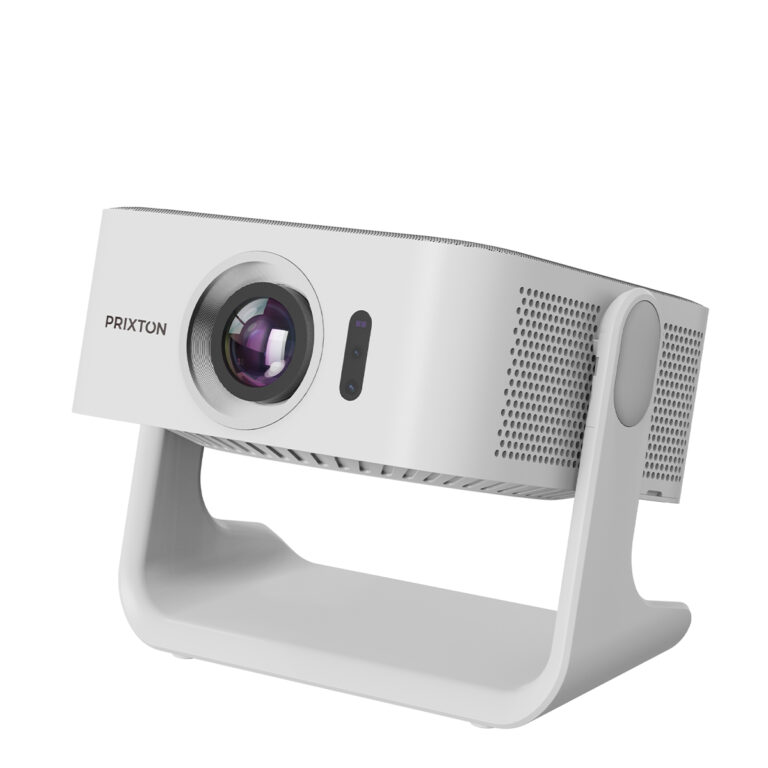 Un proyector blanco con lente, rejilla de altavoz y soporte.
