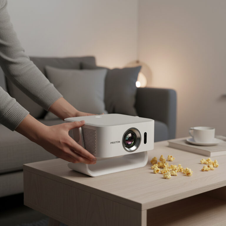 Un proyector blanco sobre una mesa con palomitas y una taza.