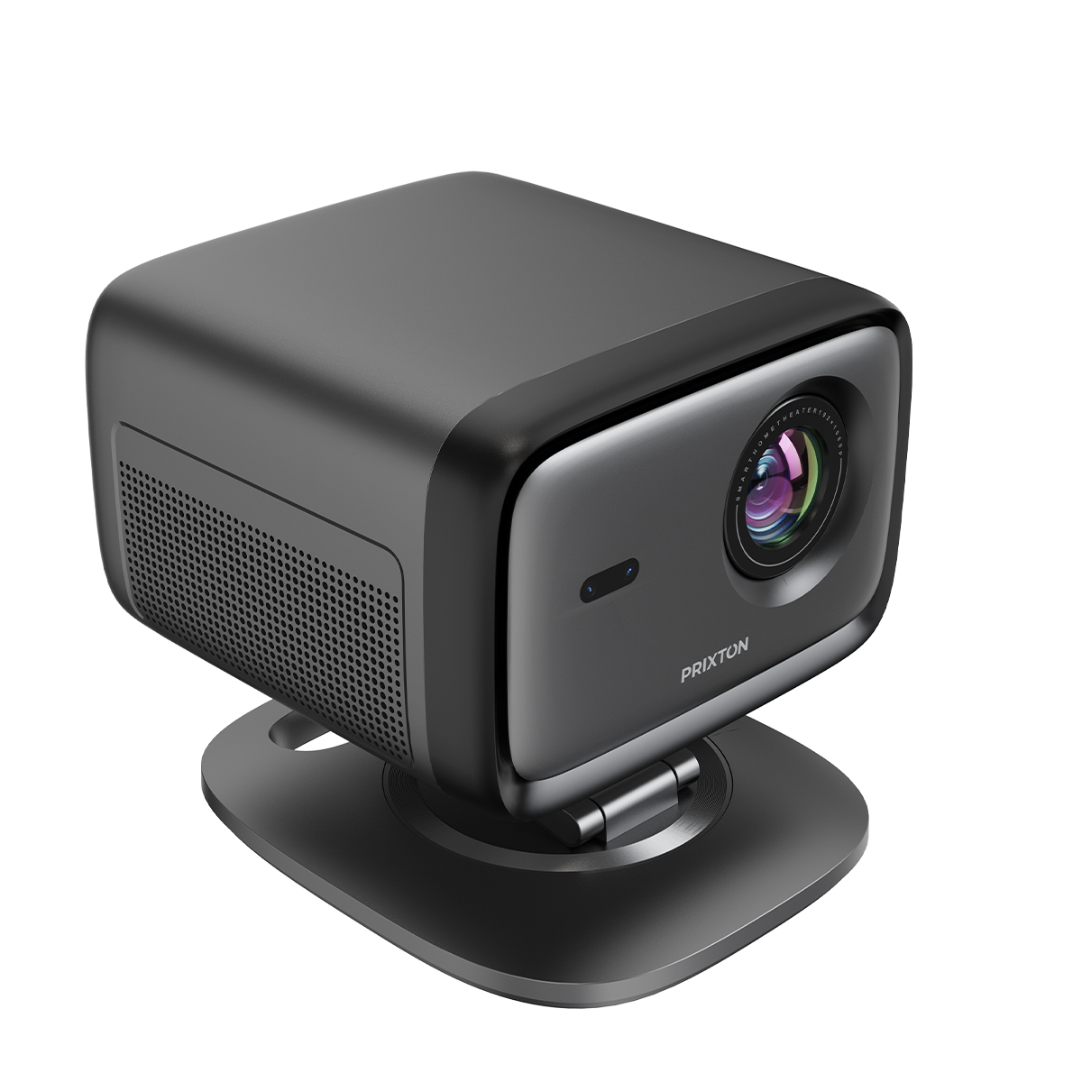 Un proyector compacto y oscuro con lente y rejilla de ventilación, sobre un soporte.