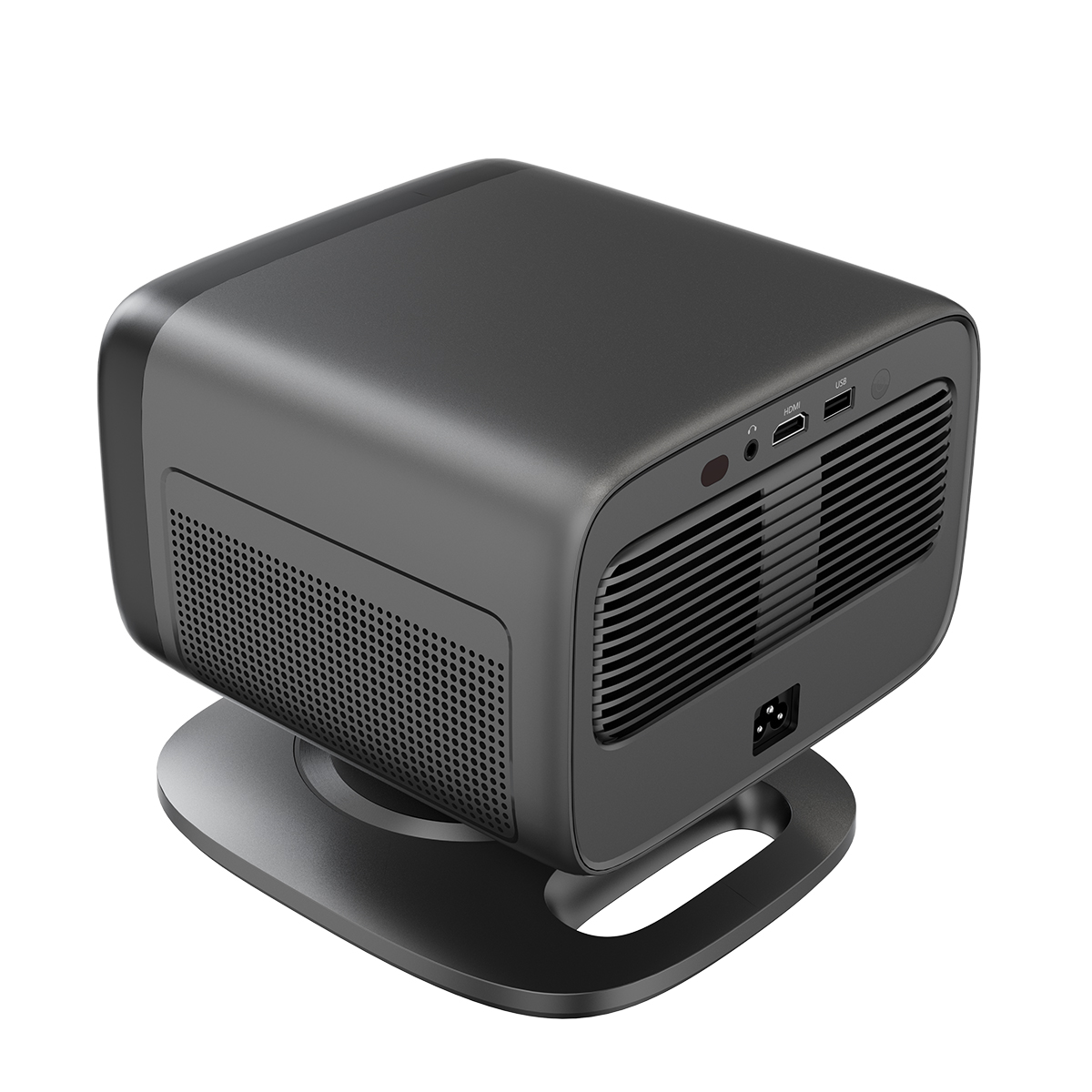 Un proyector compacto y oscuro con rejillas de ventilación y puertos, sobre un soporte.