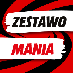 Napis Zestawomanie na czerwono-czarnym, wirującym tle.