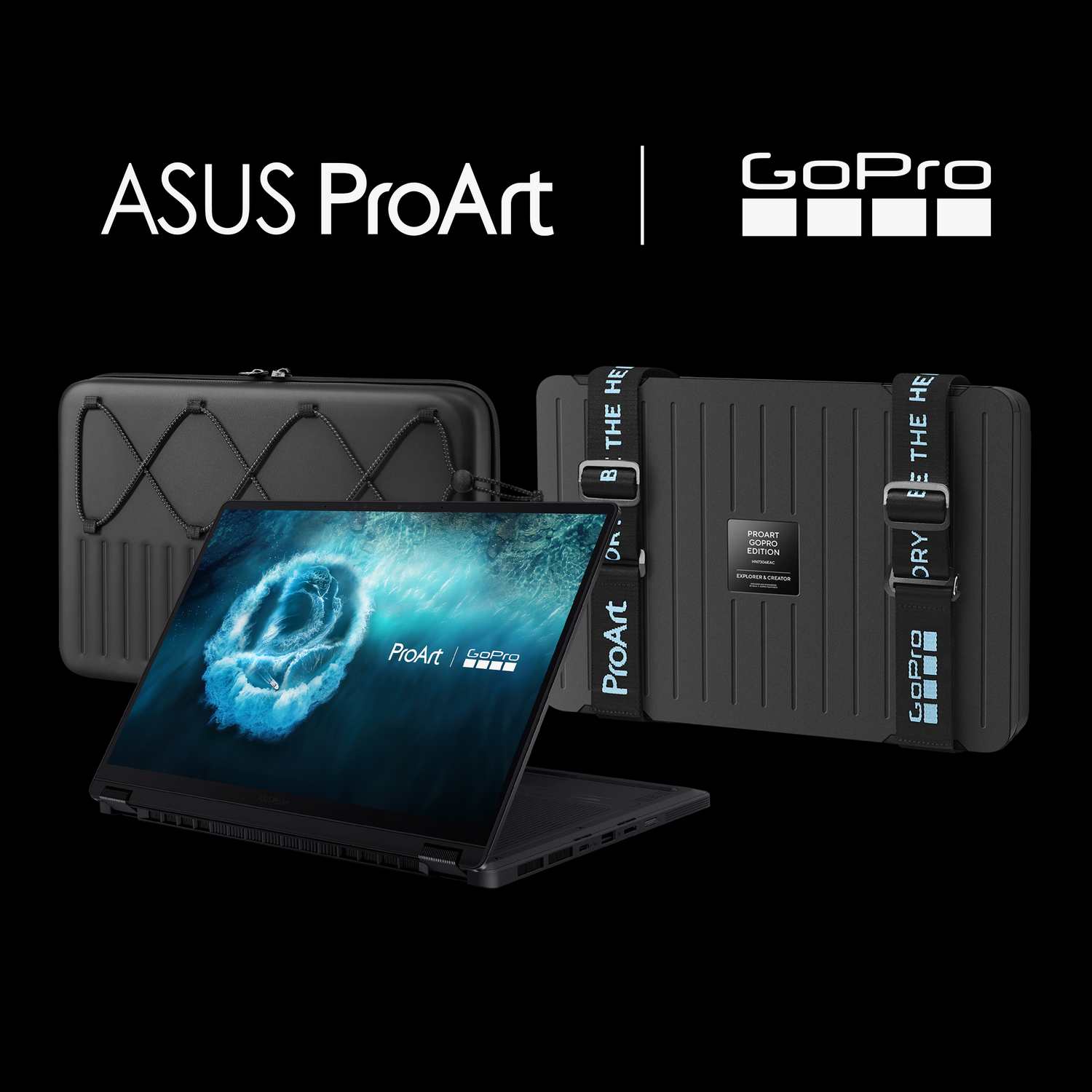 Un portátil y dos maletines negros con logos de ProArt y GoPro.