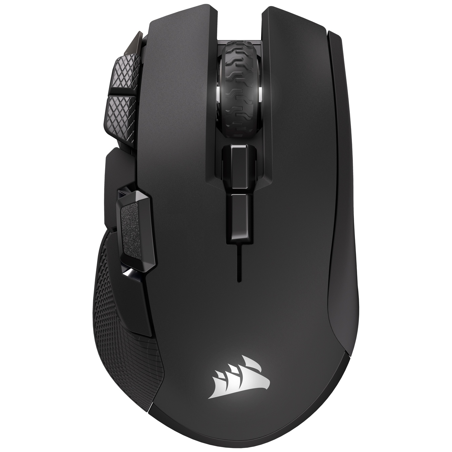 Black gaming mouse with textured buttons and illuminated logo.