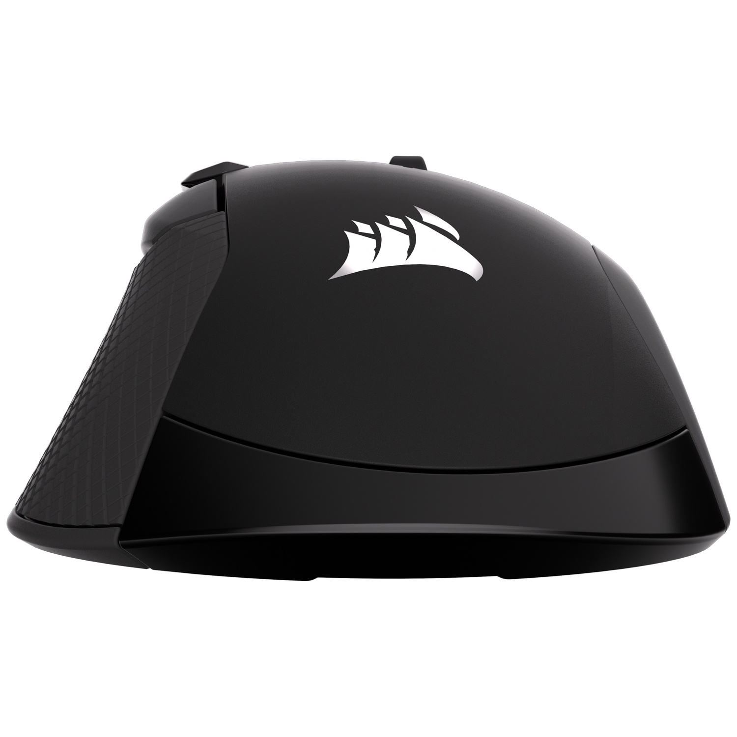 Black gaming mouse with white logo, textured side grip.