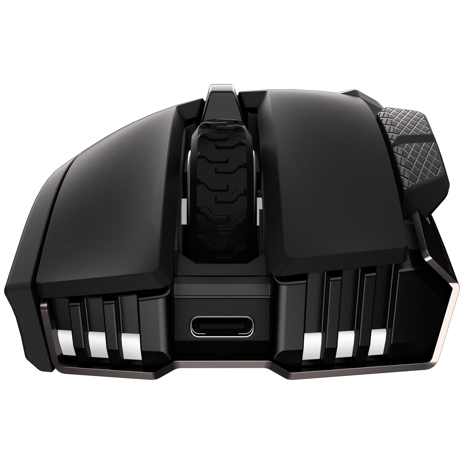 Black gaming mouse with USB-C port and textured scroll wheel.
