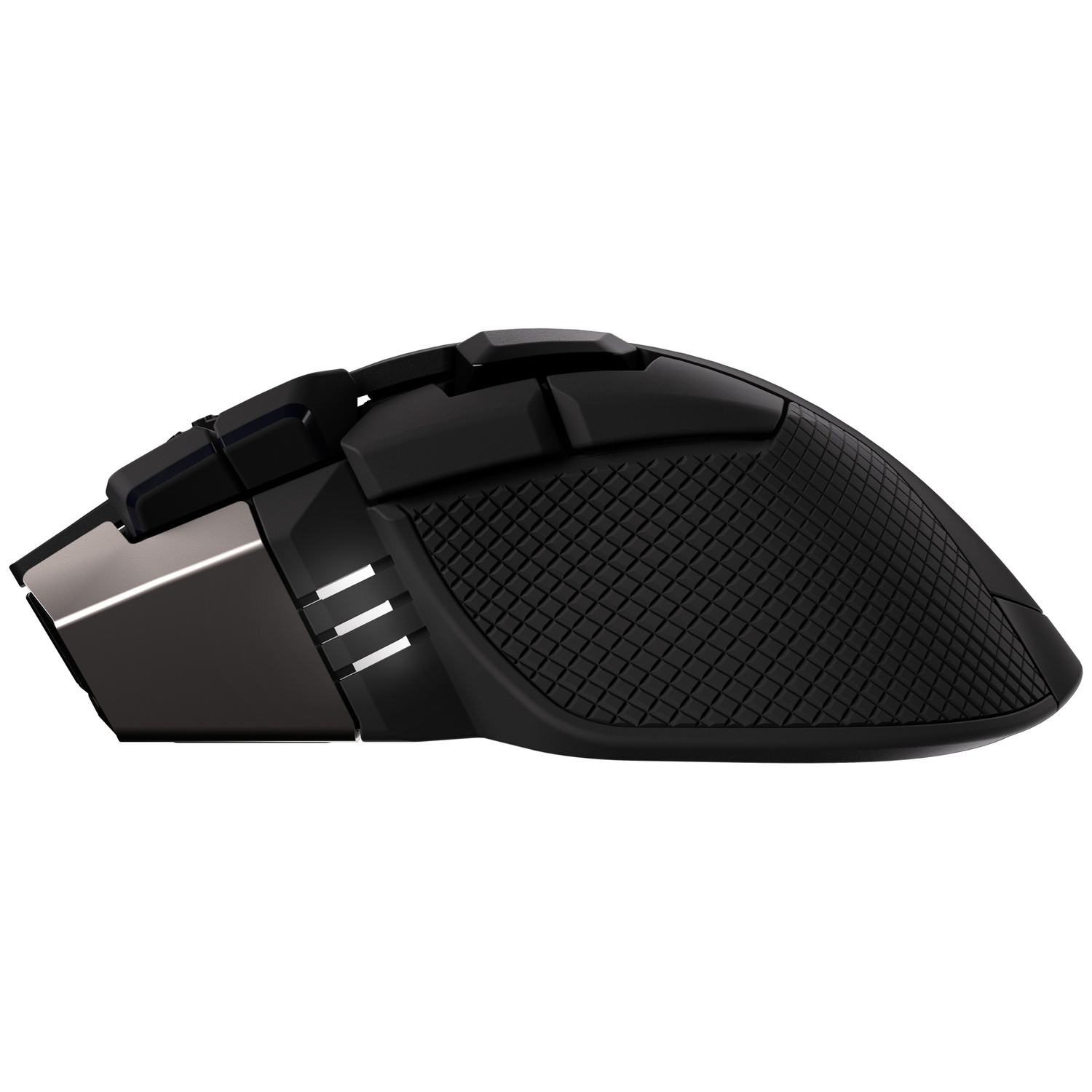 Black gaming mouse with textured grip and metallic accents.