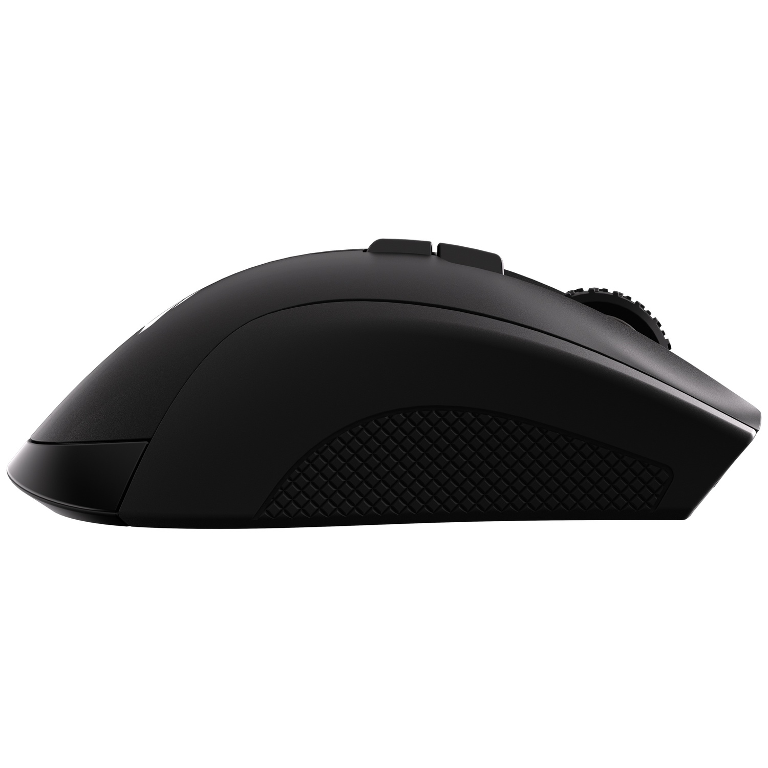 Black computer mouse with textured grip and scroll wheel, viewed from the side.
