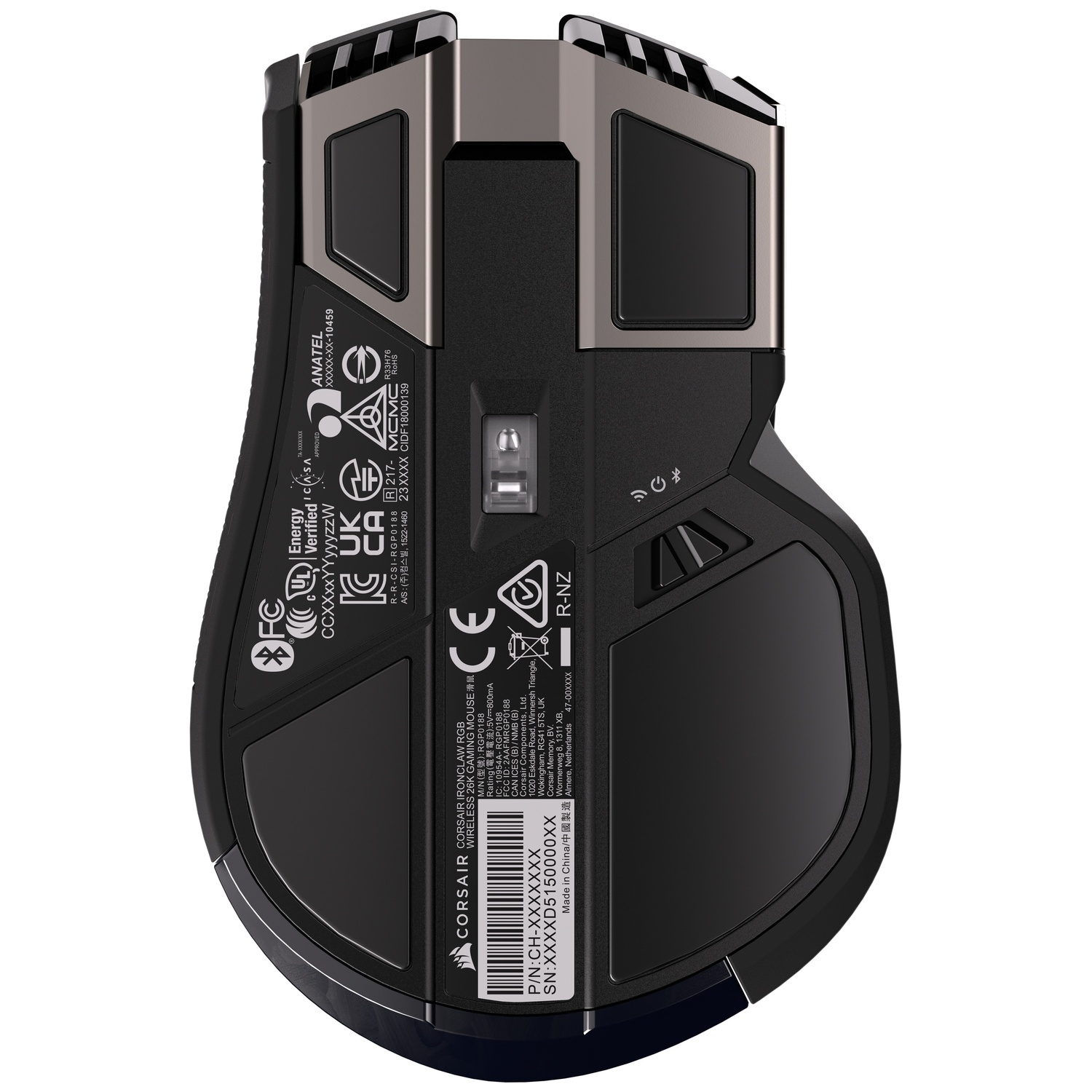 Underside of a black gaming mouse with silver accents and certification logos.