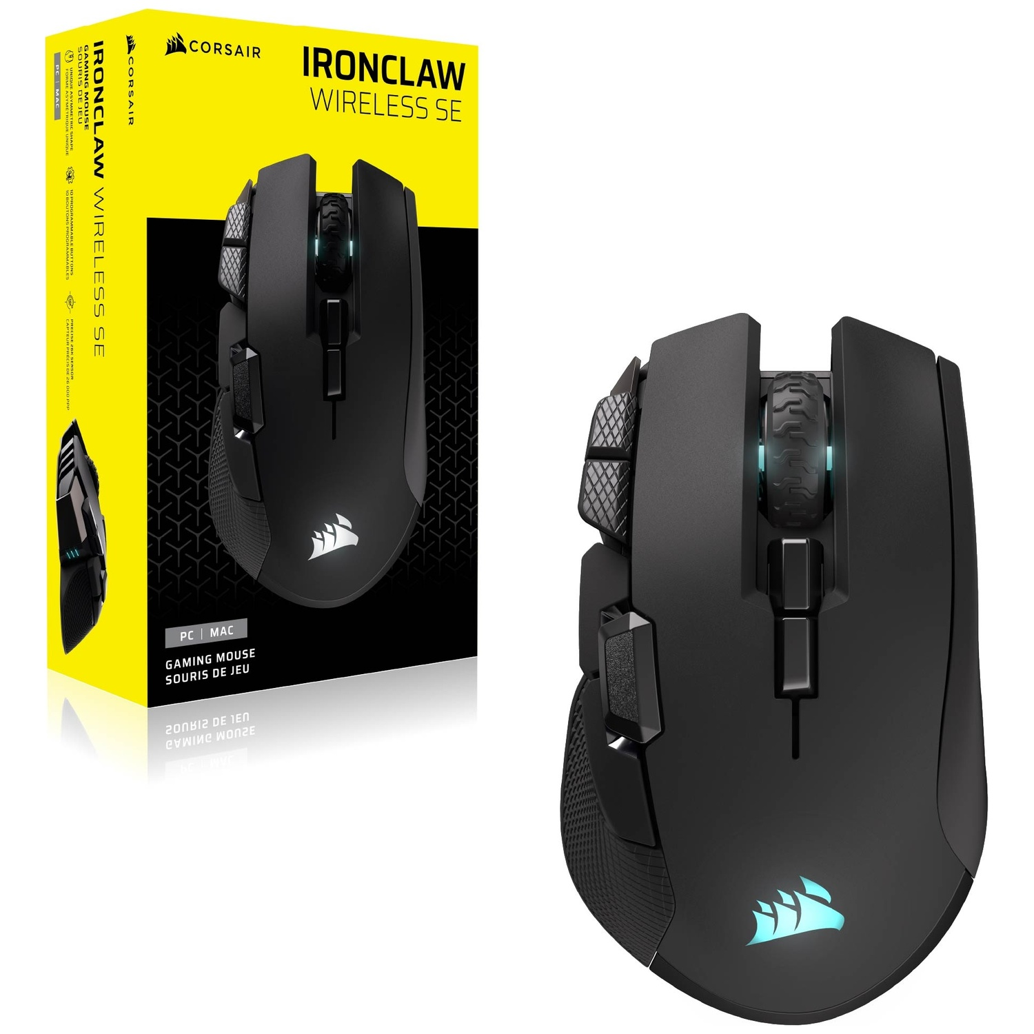 Black wireless gaming mouse by Corsair with detailed packaging.
