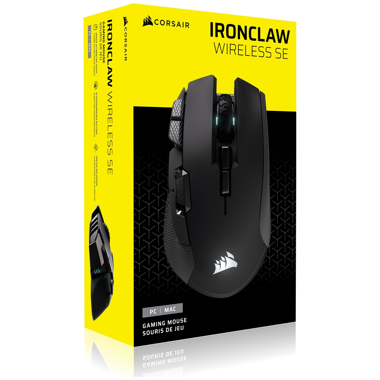 Black Corsair Ironclaw Wireless SE gaming mouse on yellow and black packaging.