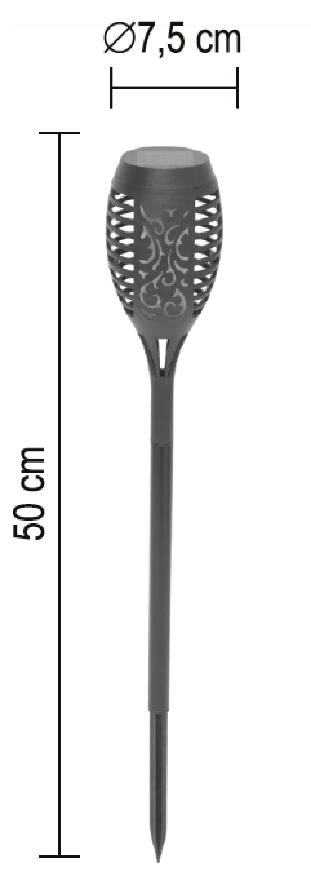 Sötét solar kerti fáklya, lángmintával és méretekkel.