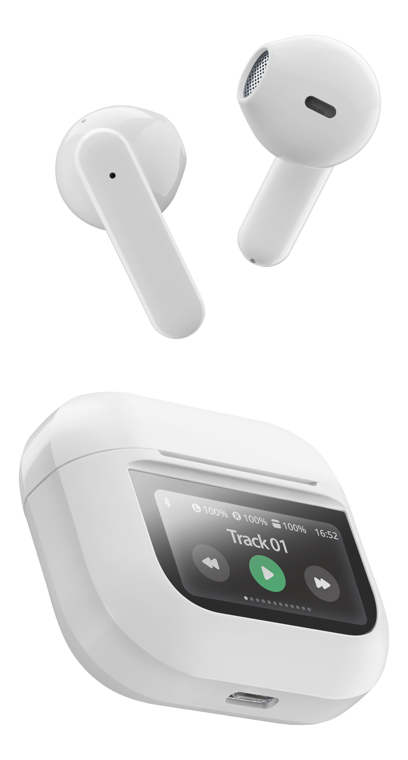 Due auricolari bianchi e la loro custodia di ricarica con touchscreen su sfondo nero.