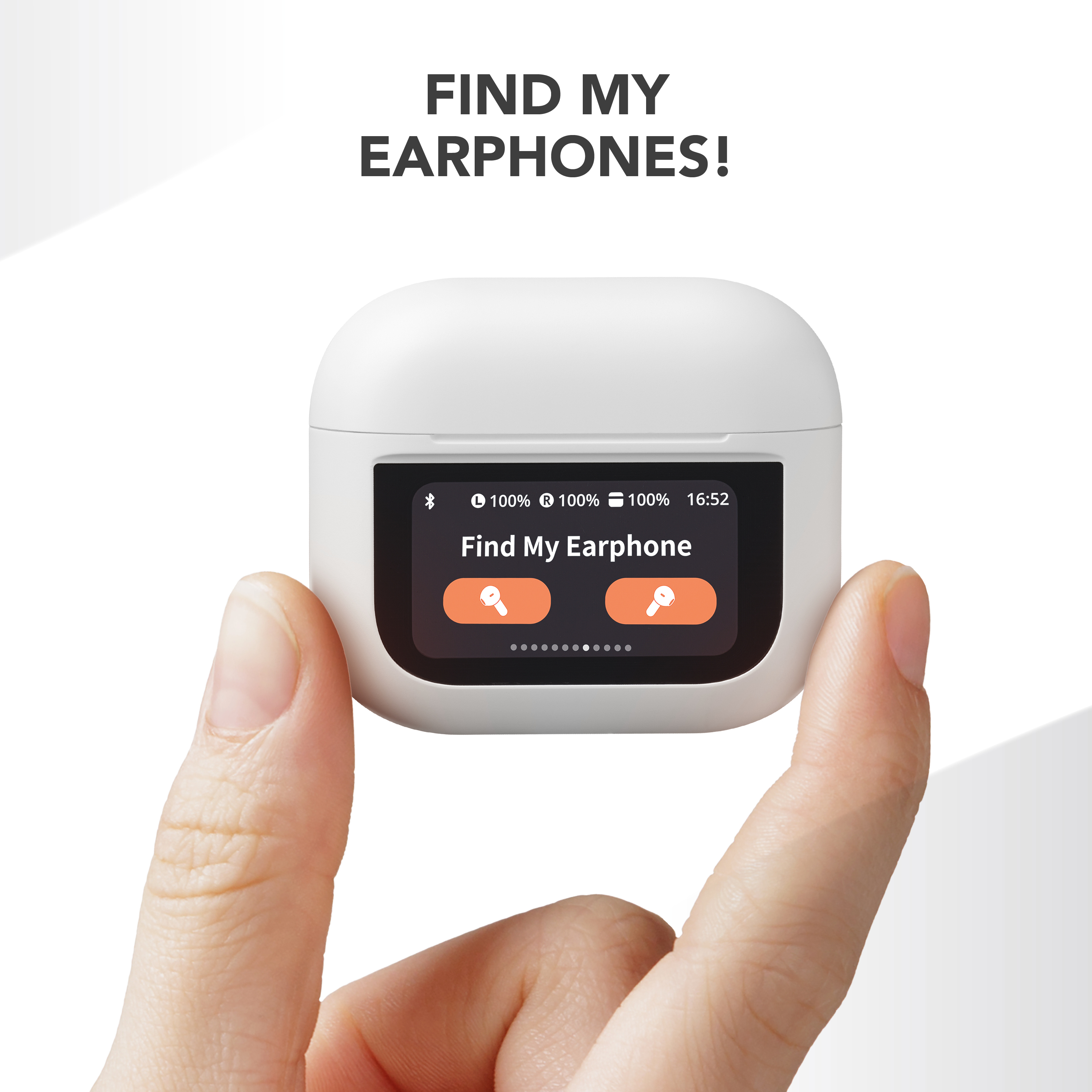Custodia di ricarica bianca per auricolari con schermo che mostra 'Find My Earphone'.