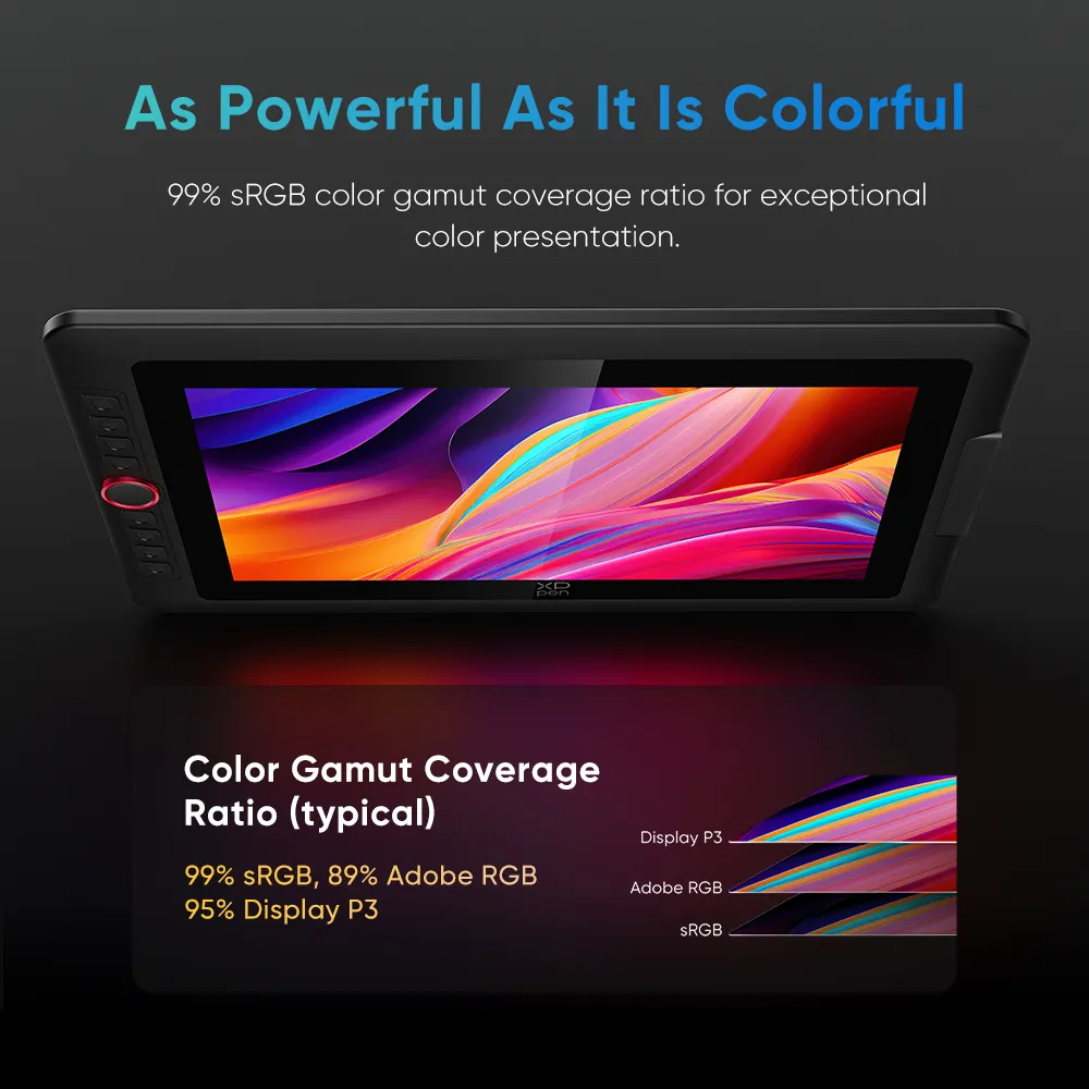 Una tavoletta grafica nera con uno schermo astratto colorato a vortice di colori.