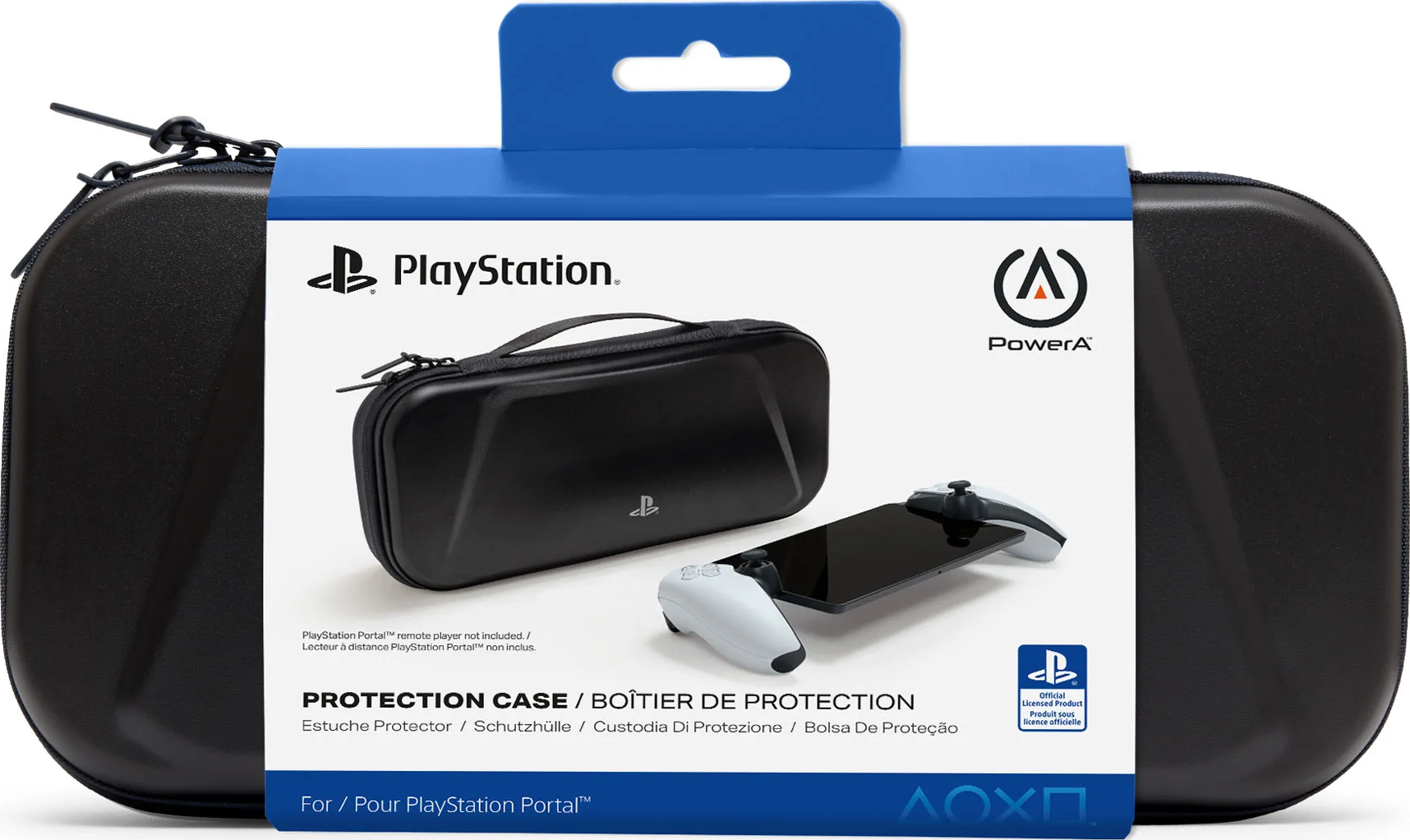 Étui de protection noir PlayStation Portal avec manette blanche et écran noir.