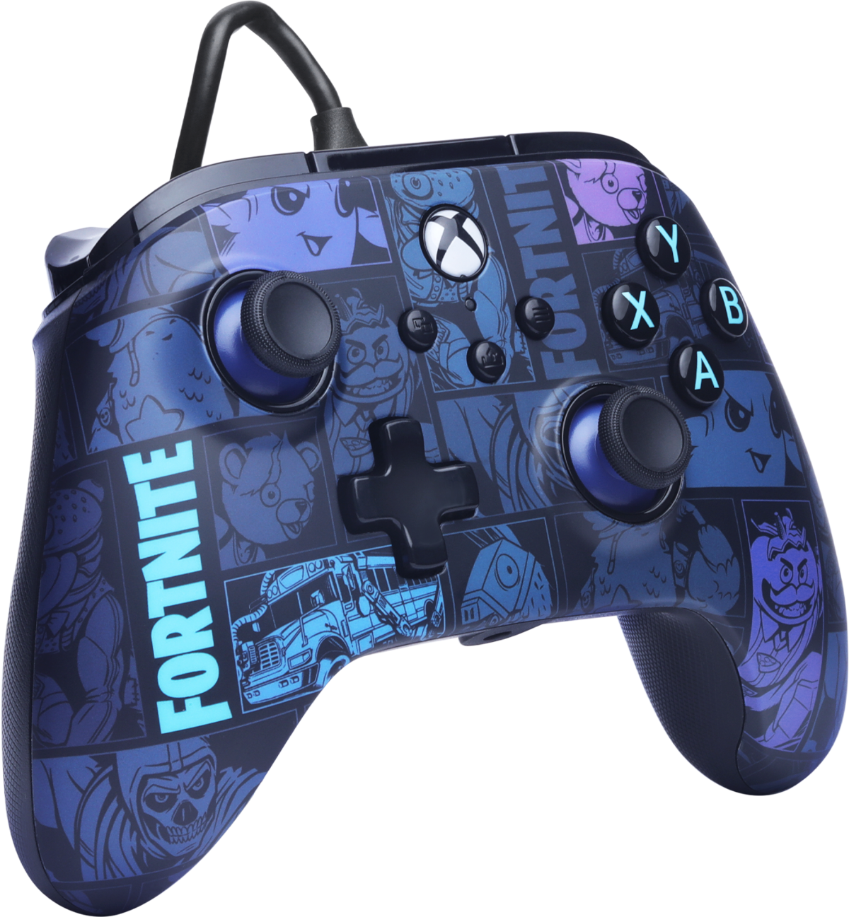 Une manette Xbox bleue avec un design de bande dessinée Fortnite et des boutons noirs.