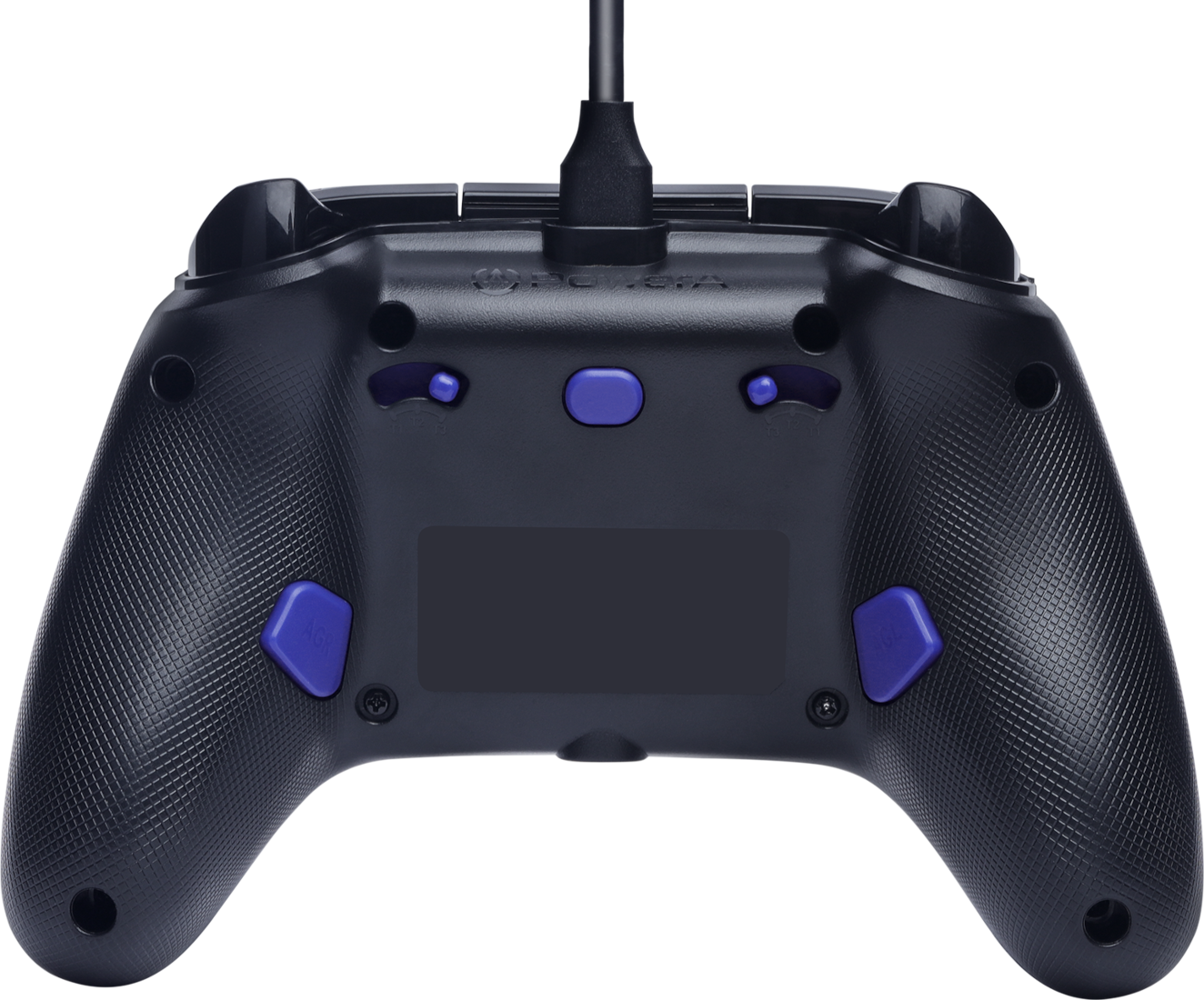 Manette de jeu bleu foncé vue de dos avec des accents violets.