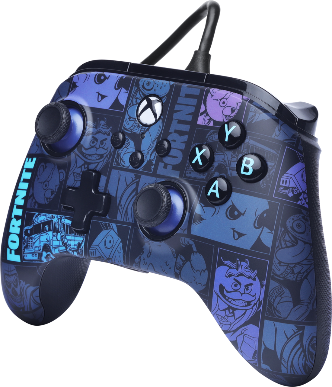 Une manette Xbox style BD Fortnite bleue et violette.