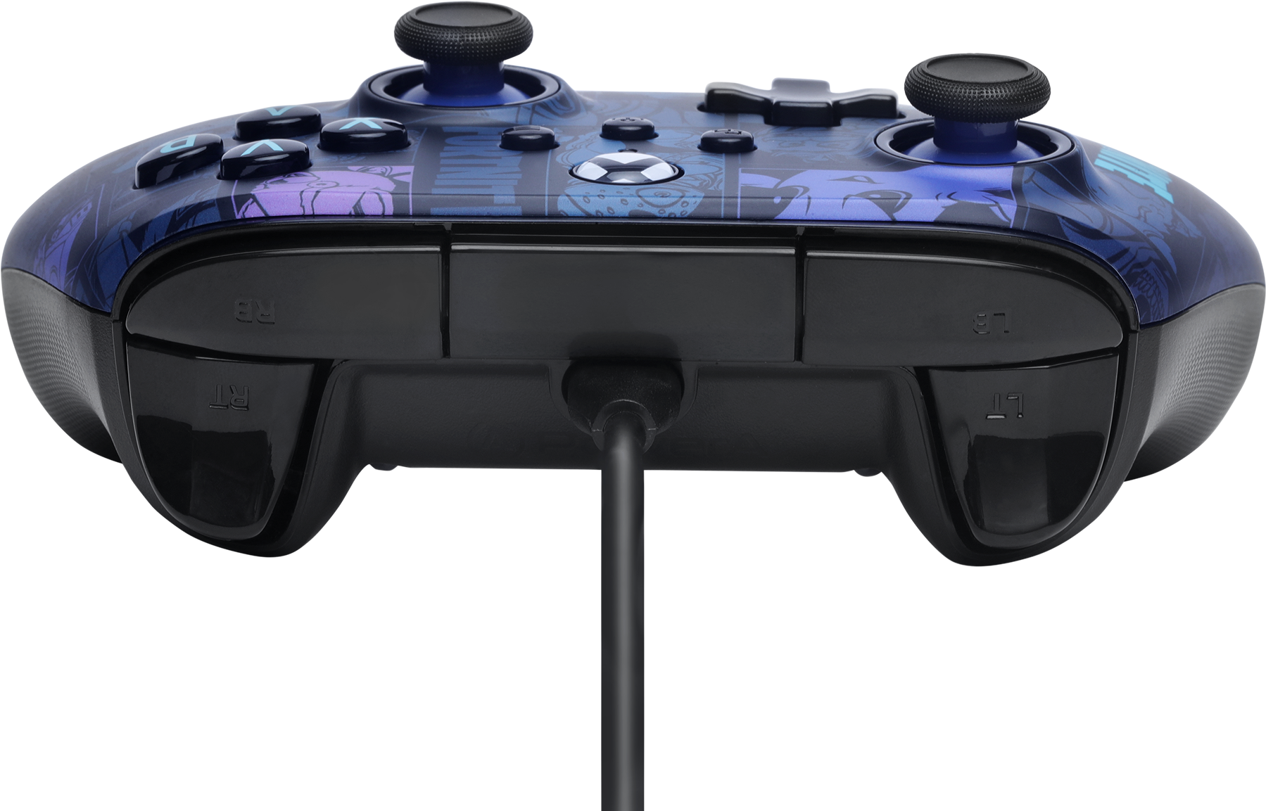 Une manette de jeu bleue avec câble noir et motif détaillé.