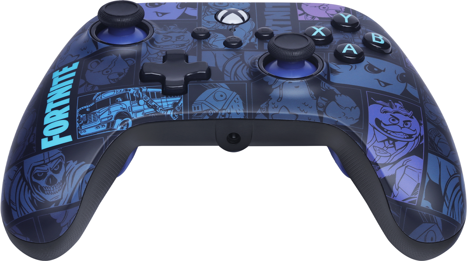 Une manette Xbox style BD Fortnite bleue et violette.