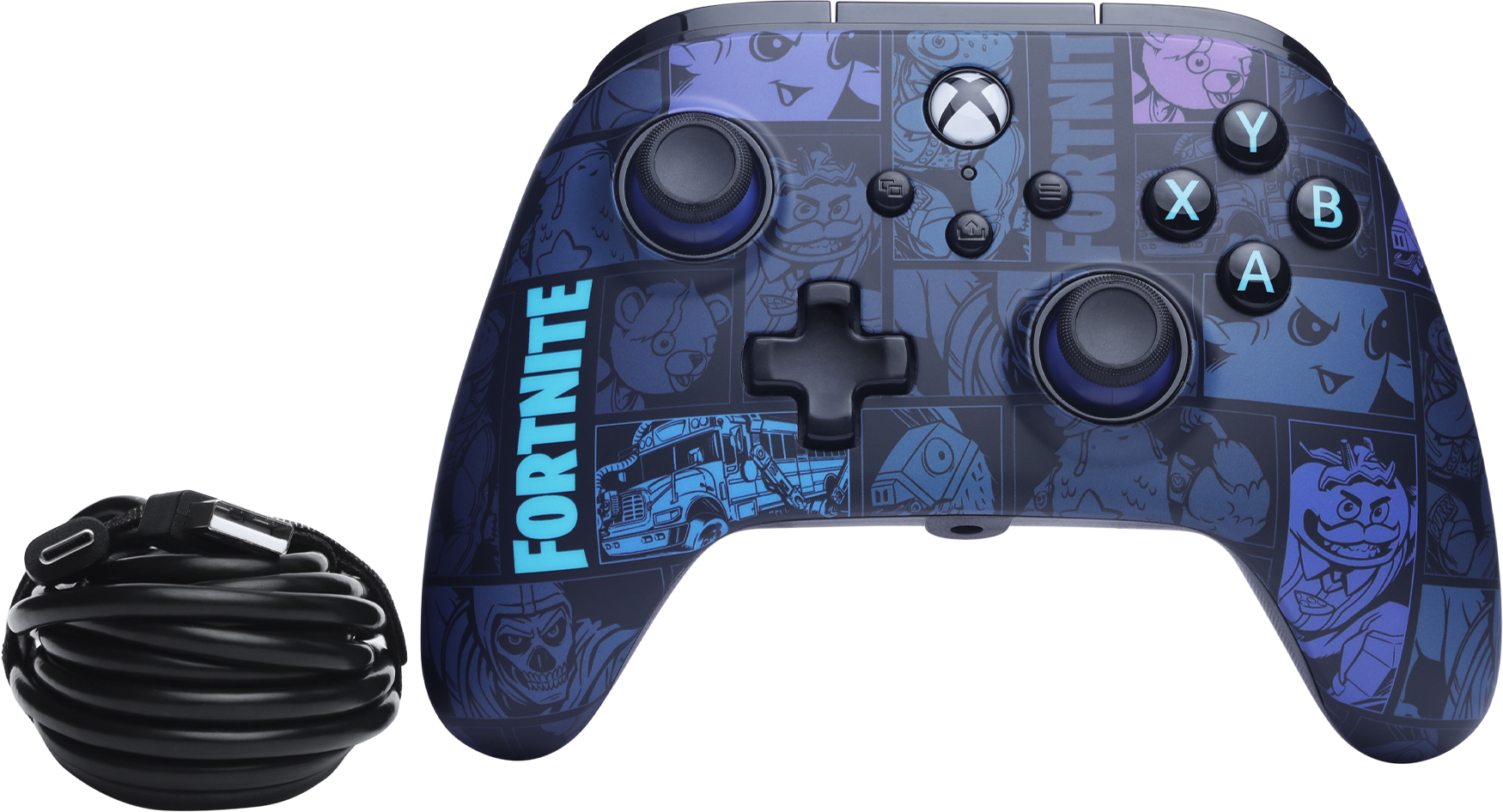 Une manette Xbox bleue avec des graphismes Fortnite et un câble noir à côté.