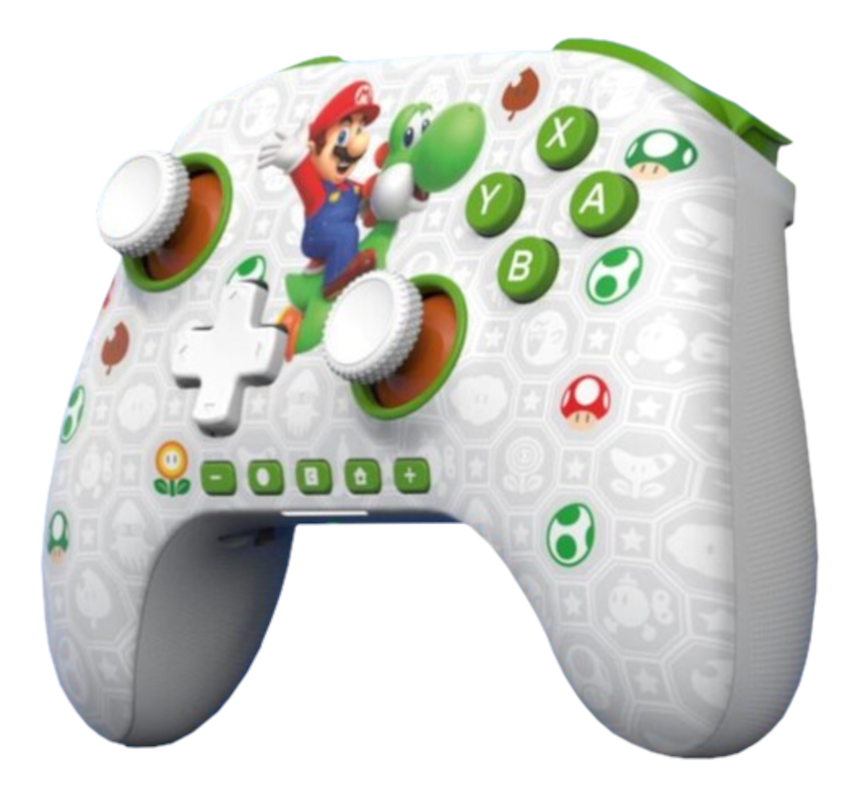 Ein weißer Controller mit Mario auf Yoshi, verziert mit Pilzen und Sternen.