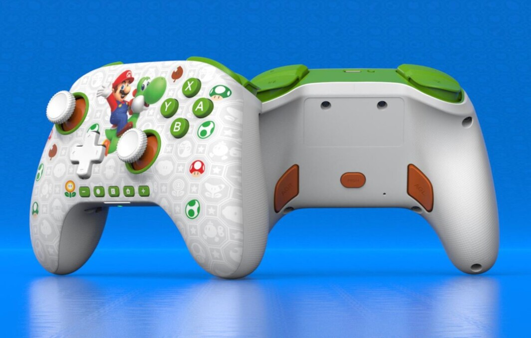 Ein weißer Nintendo-Controller mit Mario und Yoshi, grünen Akzenten und Mario-Motiven.