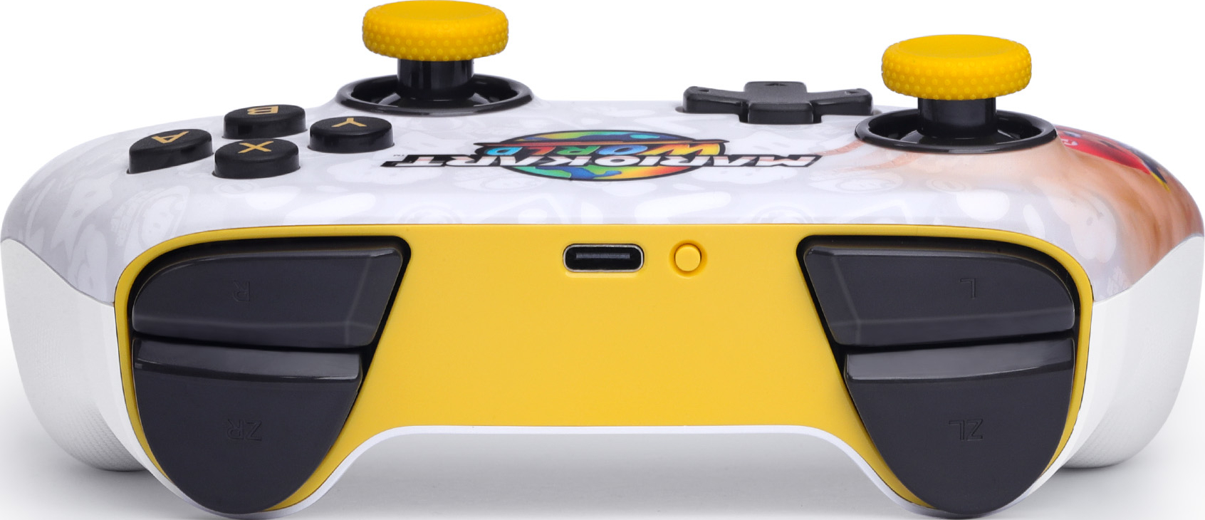 Manette blanche avec accents jaunes et logo Mario Kart.