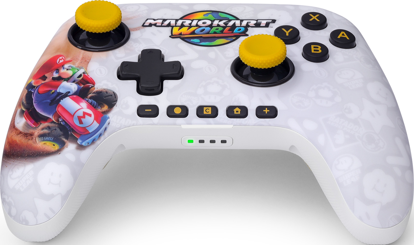 Une manette blanche avec des graphismes Mario Kart World et Mario dans un kart.