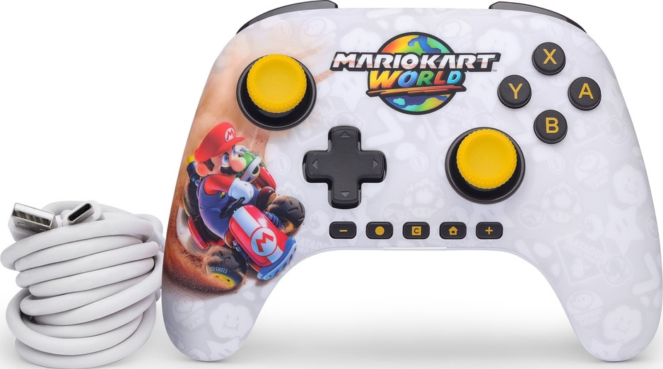 Une manette blanche Nintendo avec Mario et un câble USB-C blanc enroulé.