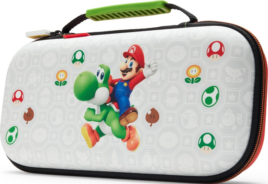 Mario chevauche Yoshi sur une pochette blanche à motifs Nintendo.