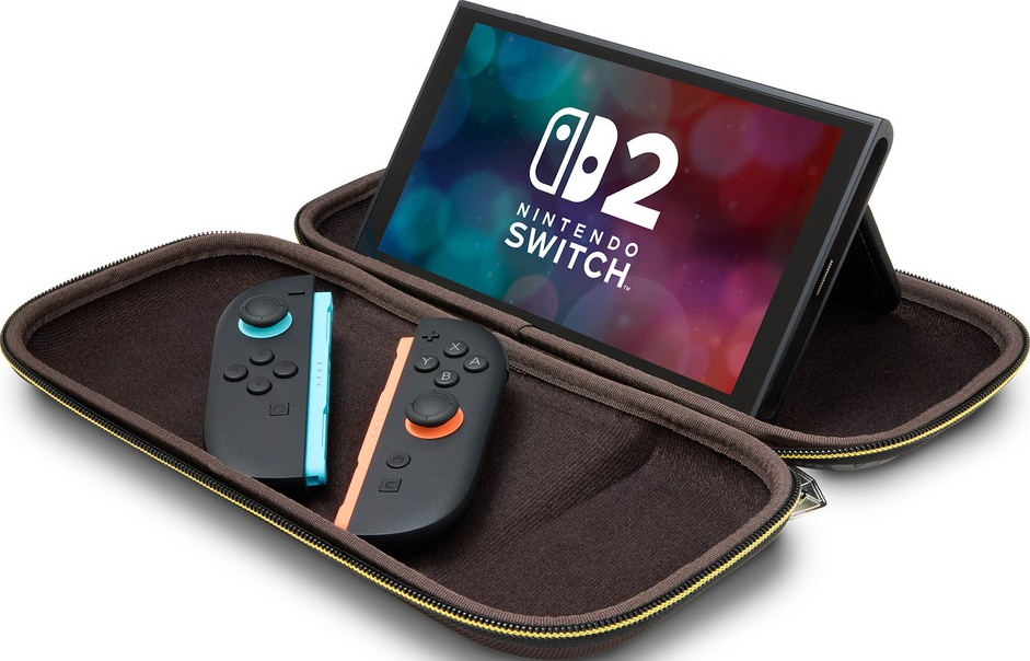 Nintendo Switch mit Joy-Cons in brauner Hülle. Helligkeit, Kontrast, Schärfe.
