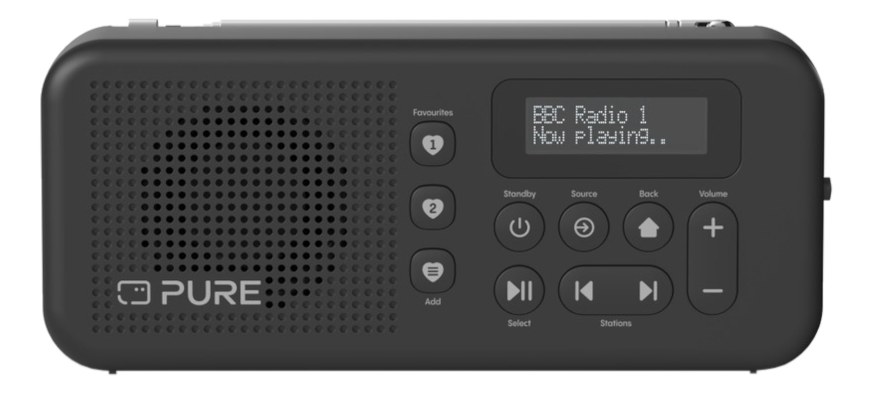 Une radio DAB Pure noire avec un haut-parleur à gauche et des boutons à droite.