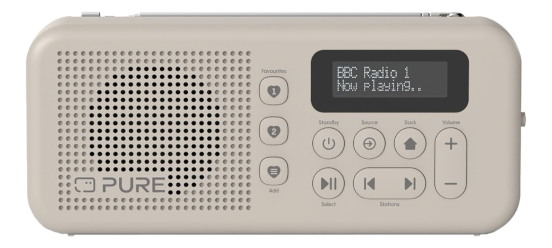 Une radio numérique beige avec grille de haut-parleur et boutons. Affiche 'BBC Radio 1'.