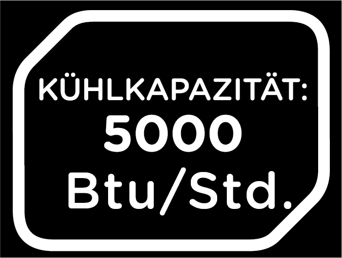 Wydajność chłodnicza: 5000 BTU/godz. Biały tekst na czarnym tle.