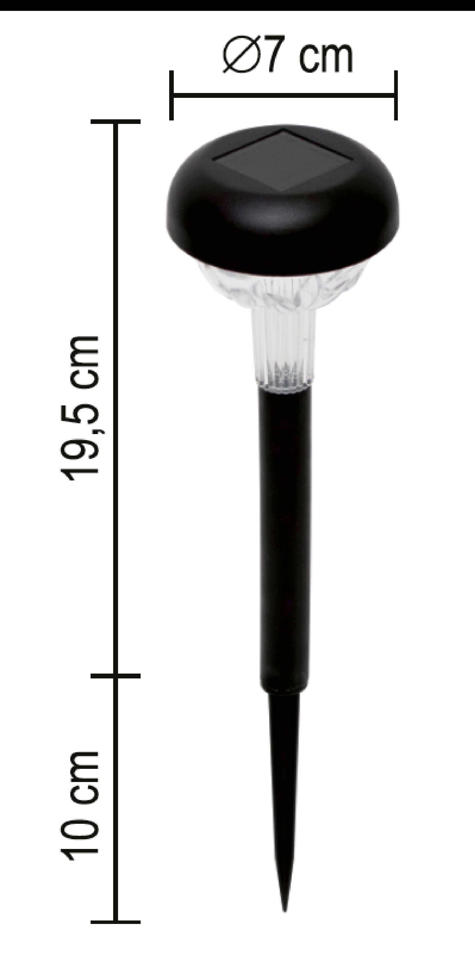 Fekete napelemes kerti lámpa cövekkel, 7 cm átmérő, 19,5 cm magas.