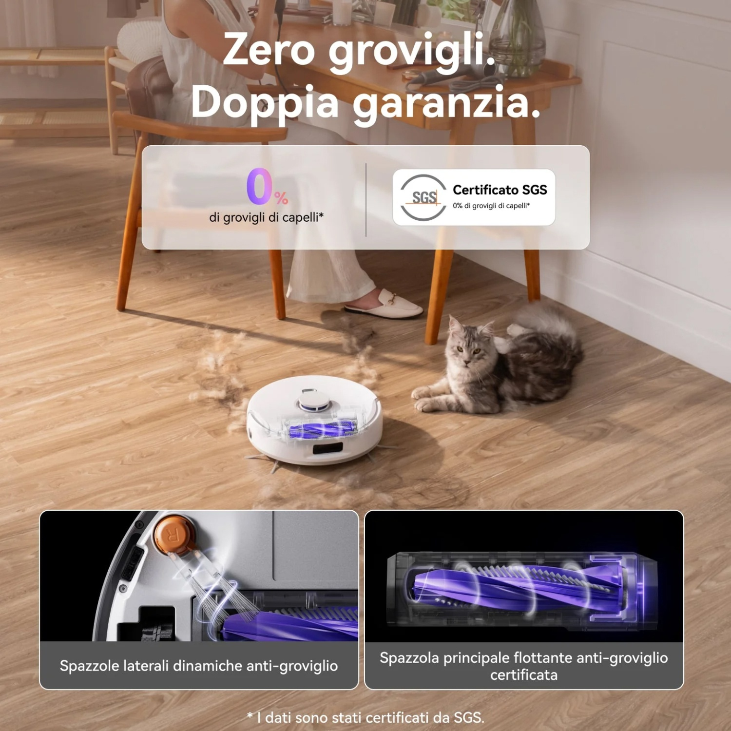 Un robot aspirapolvere pulisce un pavimento in legno, un gatto è vicino.