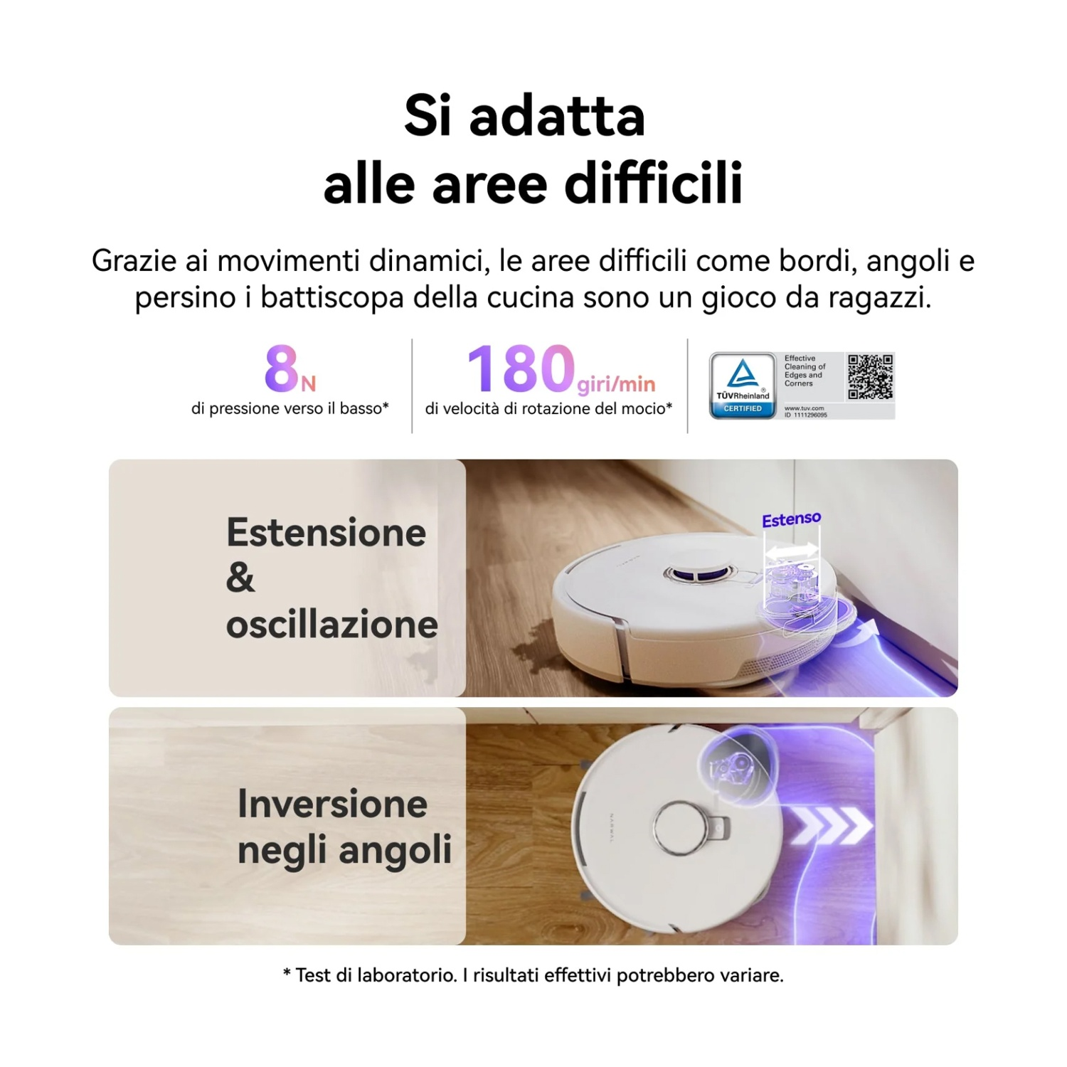 Un robot aspirapolvere pulisce angoli con 8N di pressione e 180 giri/min.