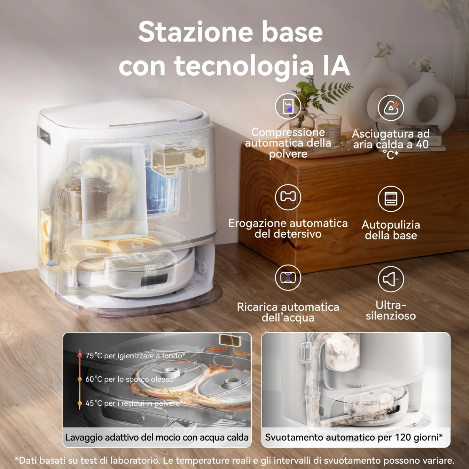 Stazione base robot aspirapolvere con IA, compressione polvere, asciugatura, pulizia automatica.
