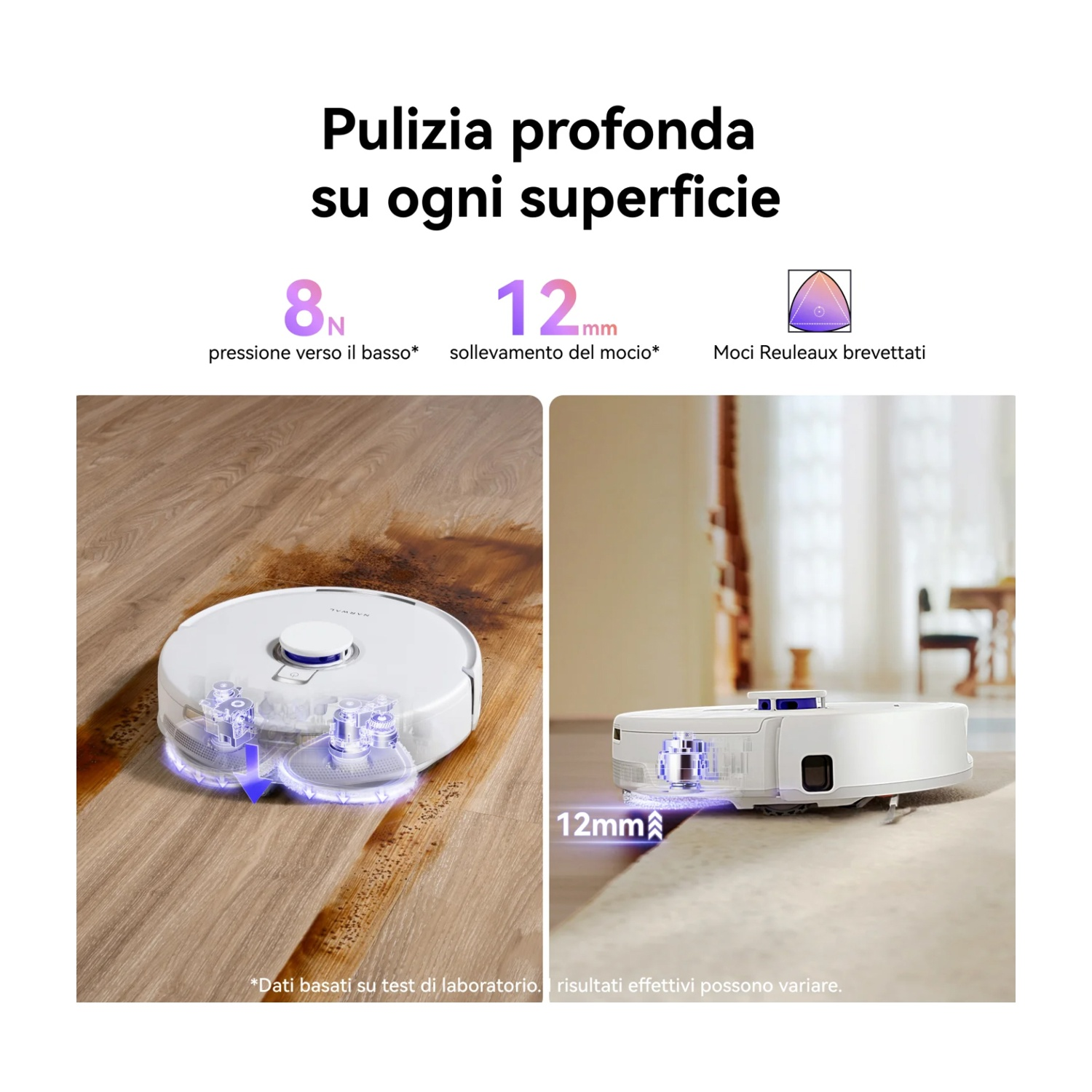Un robot aspirapolvere pulisce un pavimento in legno e supera un bordo.