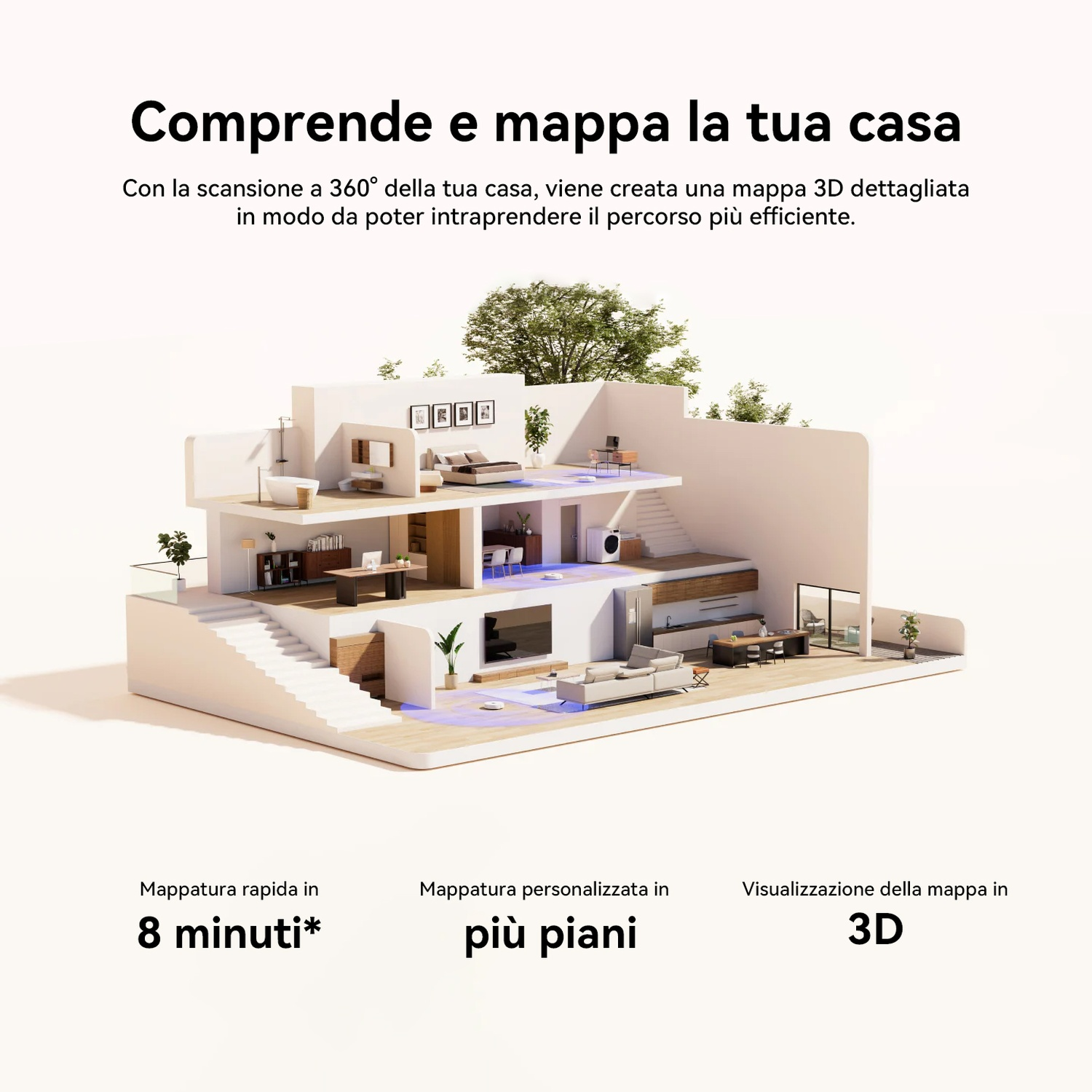Modello 3D di casa con mobili, scale e piante. Mappatura rapida in 8 minuti.