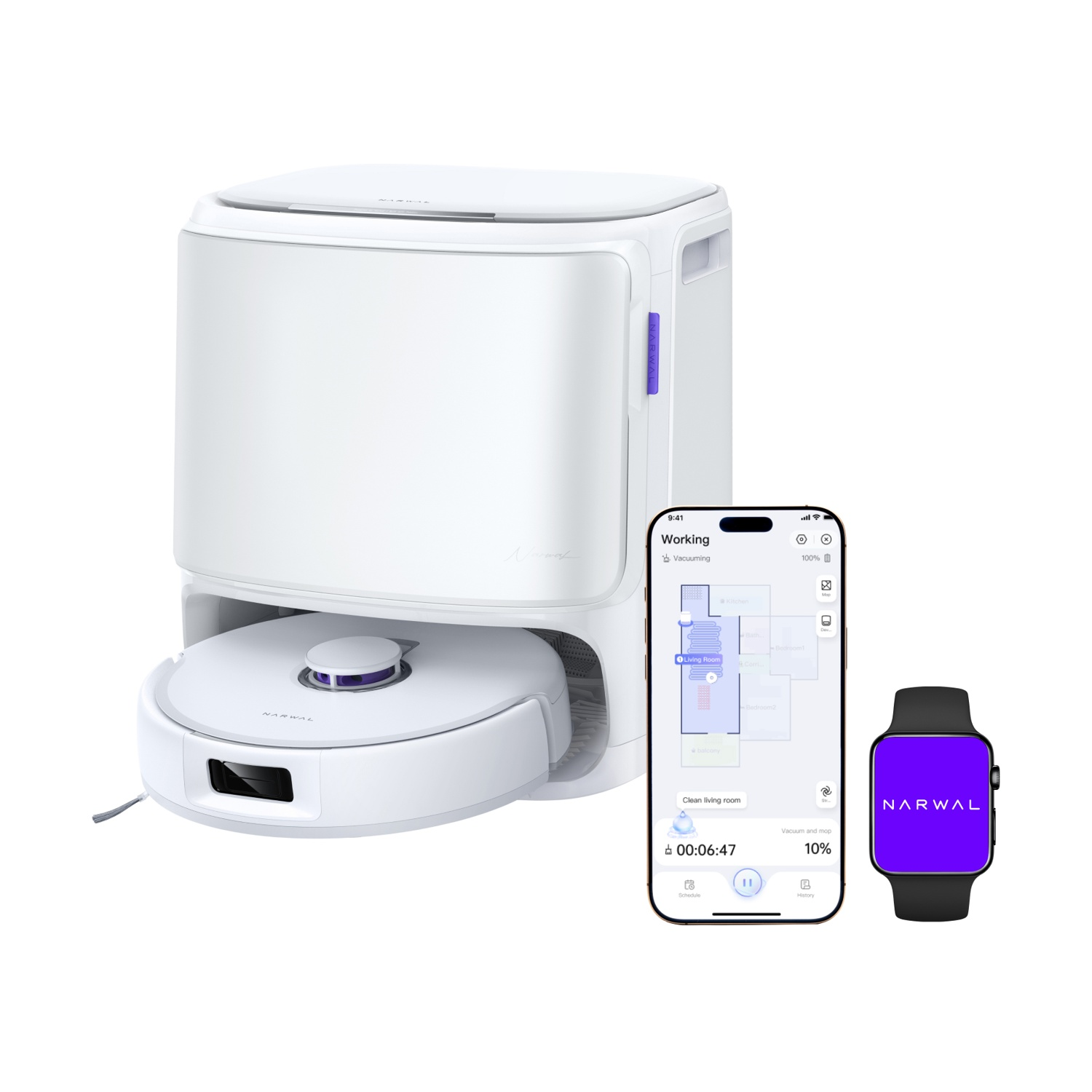Robot aspirapolvere bianco, base di ricarica, telefono che mostra mappa e smartwatch.