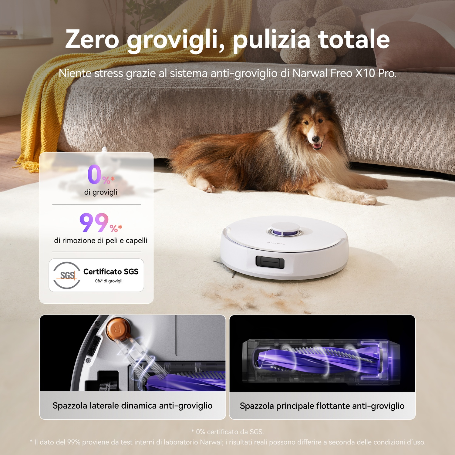 Un robot aspirapolvere su un tappeto con un cane sullo sfondo.