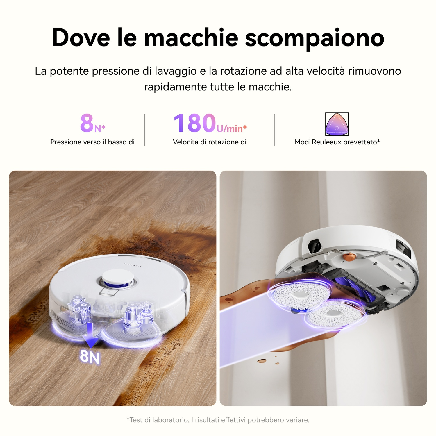 Un robot aspirapolvere con mop rotanti pulisce un pavimento in legno macchiato.