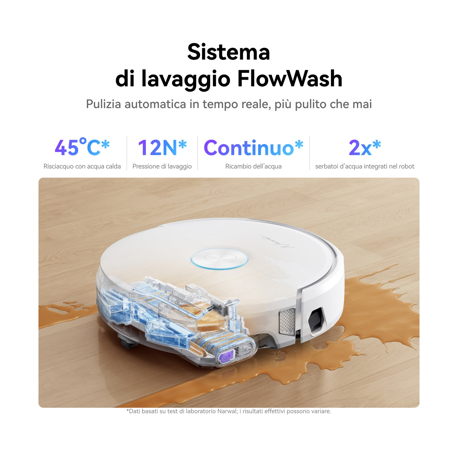 Un robot aspirapolvere con sezione trasparente pulisce liquidi versati su parquet.