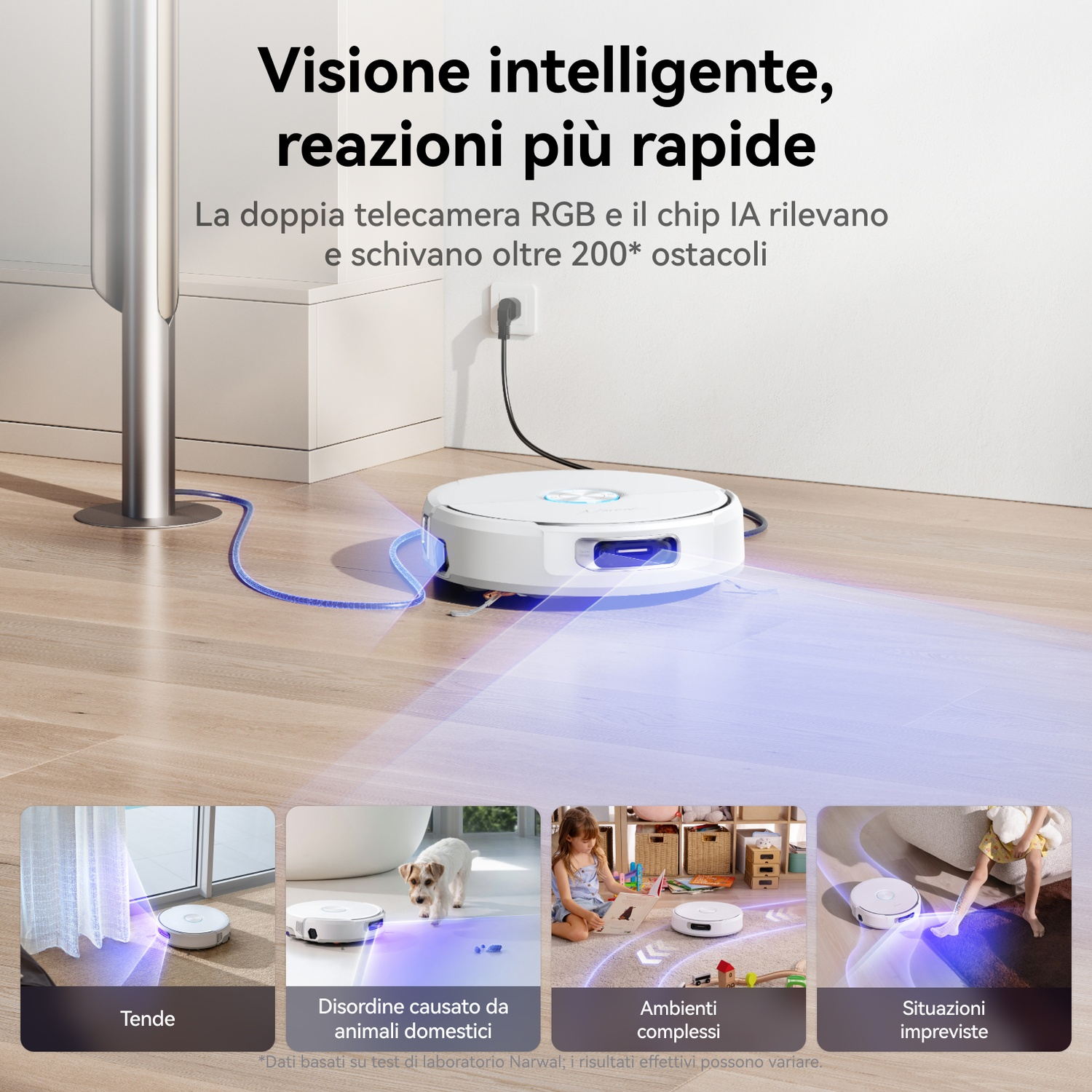 Un robot aspirapolvere bianco pulisce un pavimento in legno, mostrando ostacoli.